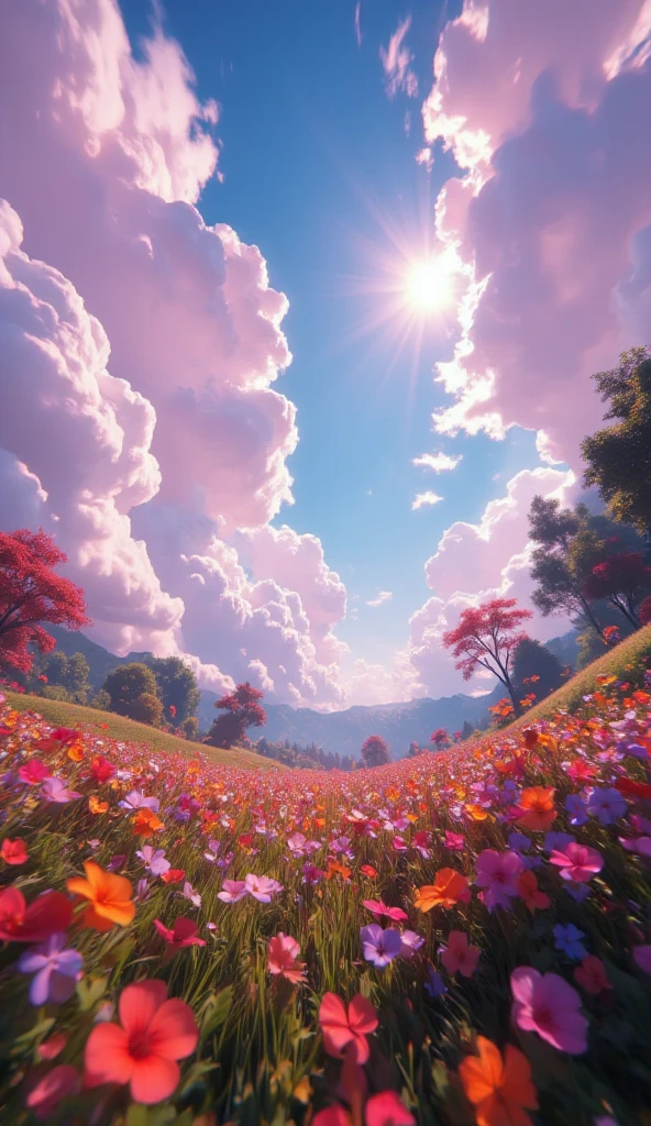 There are flowers on the house,Rose flower,suns,the clouds,Dense fog volume illumination,cinematic light,super detailing,photorealestic,Misty clouds