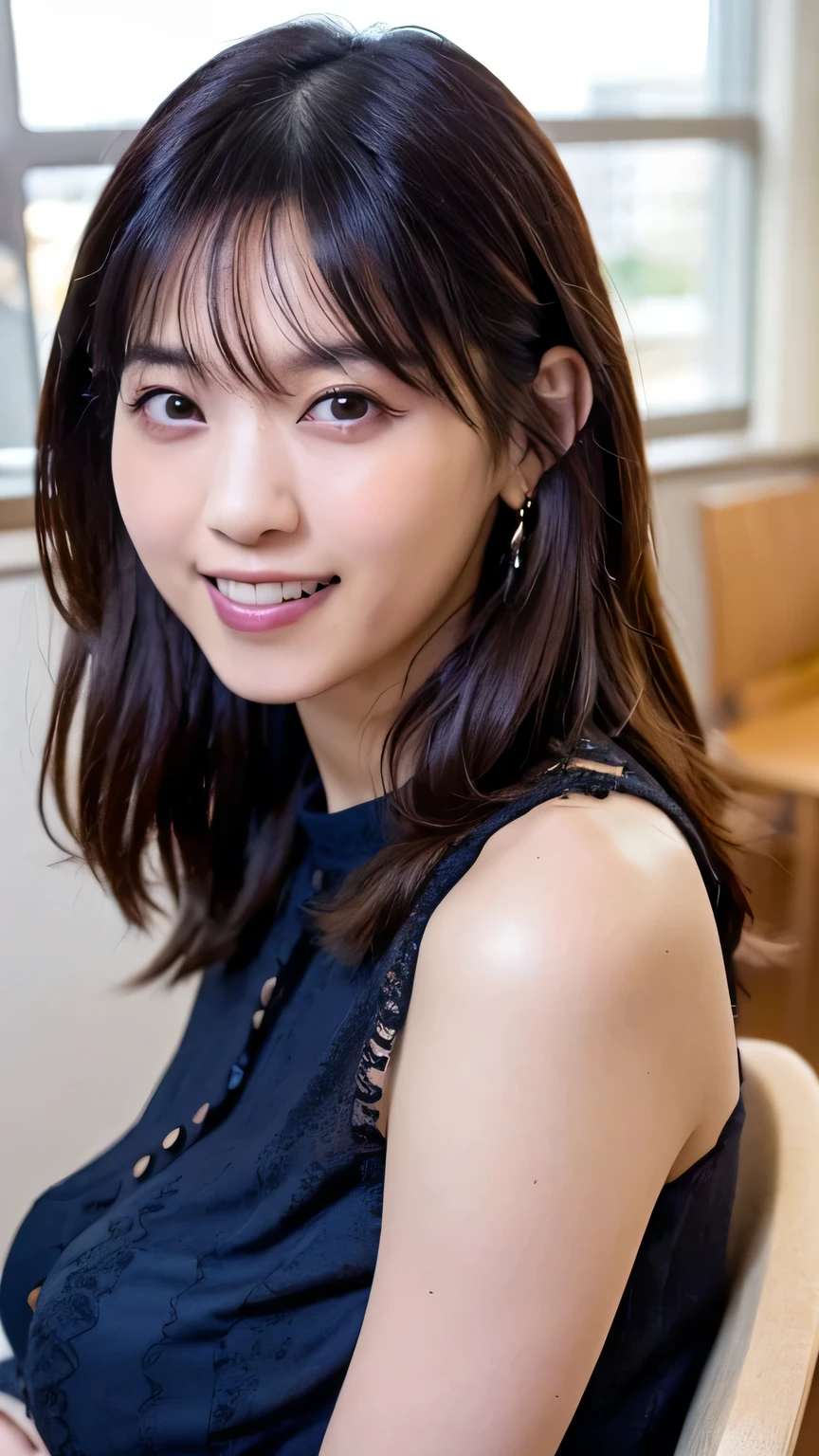 a woman,1 girl,black hair, hair bobbles, longeyelashes, solid circle eyes, light smile, mole under eye, piercing, light smile, shy, puckered lips, Surrealism, drop shadow, stereogram, ass pov, atmospheric perspective, depth of field, first-person view, f/1.8, 8K, super detail, ccurate, best quality, highres, best quality,full body,professional lighting,Cleavage