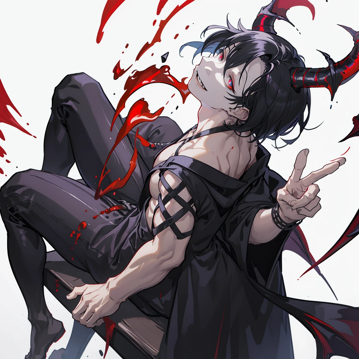 (1male drider), (creepy atmosphere:1.3), (detailed eyes and face:1.5), tall, athletic build, ((half spider half human, bare torso, spider legs, spider abdomen, spider body instead of legs)), (black drider:1.5), (alpha:1.3), ((creepy but handsome:1.5)), ((black eyes:1. 4)), black hair, bangs, slight smirk, neck scar, muscular body, half spider, (dark circles under eyes:1.3), (blank eyes:1.5), ear piercing, Best quality, Absurd, ((detailed creepy background)), high quality shadows, natural lighting, Best quality, looks at the viewer, ((masculine)), tired look
