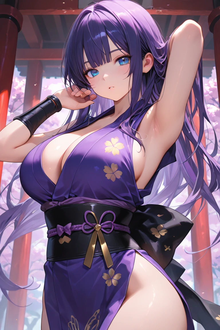 masterpiece, best quality,multiple girls, breasts, 2girls, yae miko, raiden shogun, purple eyes, pink hair, japanese clothes, purple hair, large breasts, long hair, cleavage, hair ornament, thighs, purple kimono, thighhighs, bangs, animal ears, detached sleeves, fox ears, wide sleeves, kimono, moon, weapon, braid,(kbxll:0.8)