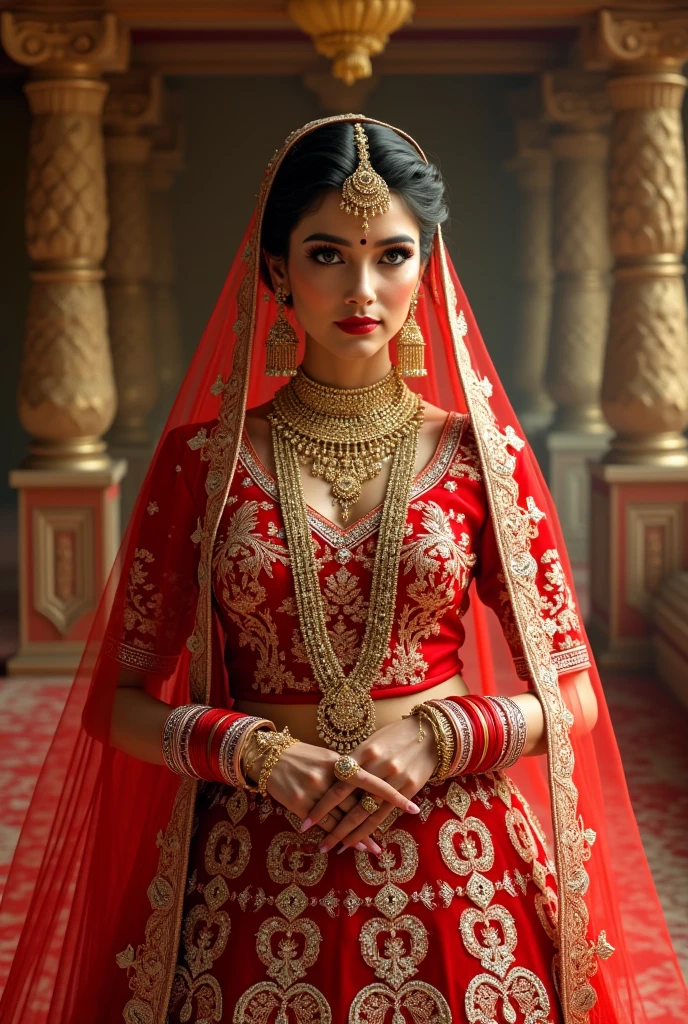 A beautiful Indian woman, large breasts, wearing a traditional red national costume, standing in a sexy pose,man is stand back in women highly detailed, 8k, photorealistic, masterpiece, dramatic lighting, vivid colors, soft focus, intricate details, elegant expression, classic Indian aesthetic, glowing skin, luxurious fabrics, graceful posture, captivating gaze,