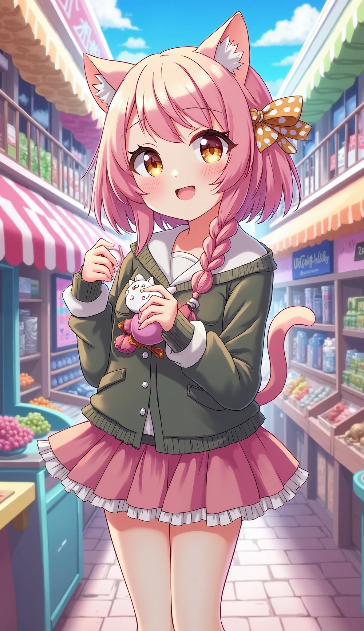 highdefinition image、Cat girl、A Colourful Shopping Mall with an Arcade、ハサミを持つCat girl、while laughing Cut Niko-chan the Great's Head