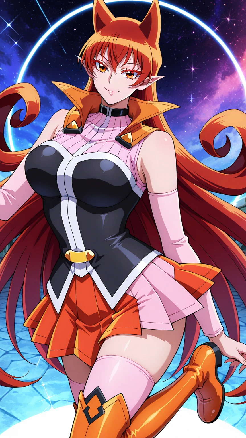 HDR, CG, sharp focus, (8K), (4K), Masterpiece artwork, the best quality, extremely detaild, intrikate, skin detailed, hyper detailled, sharp focus, perfects eyes, gazing at viewer, high qulity, teen titans, redheadwear, greeneyes, arms behind the head, big boobs, ssmile, cross legs,