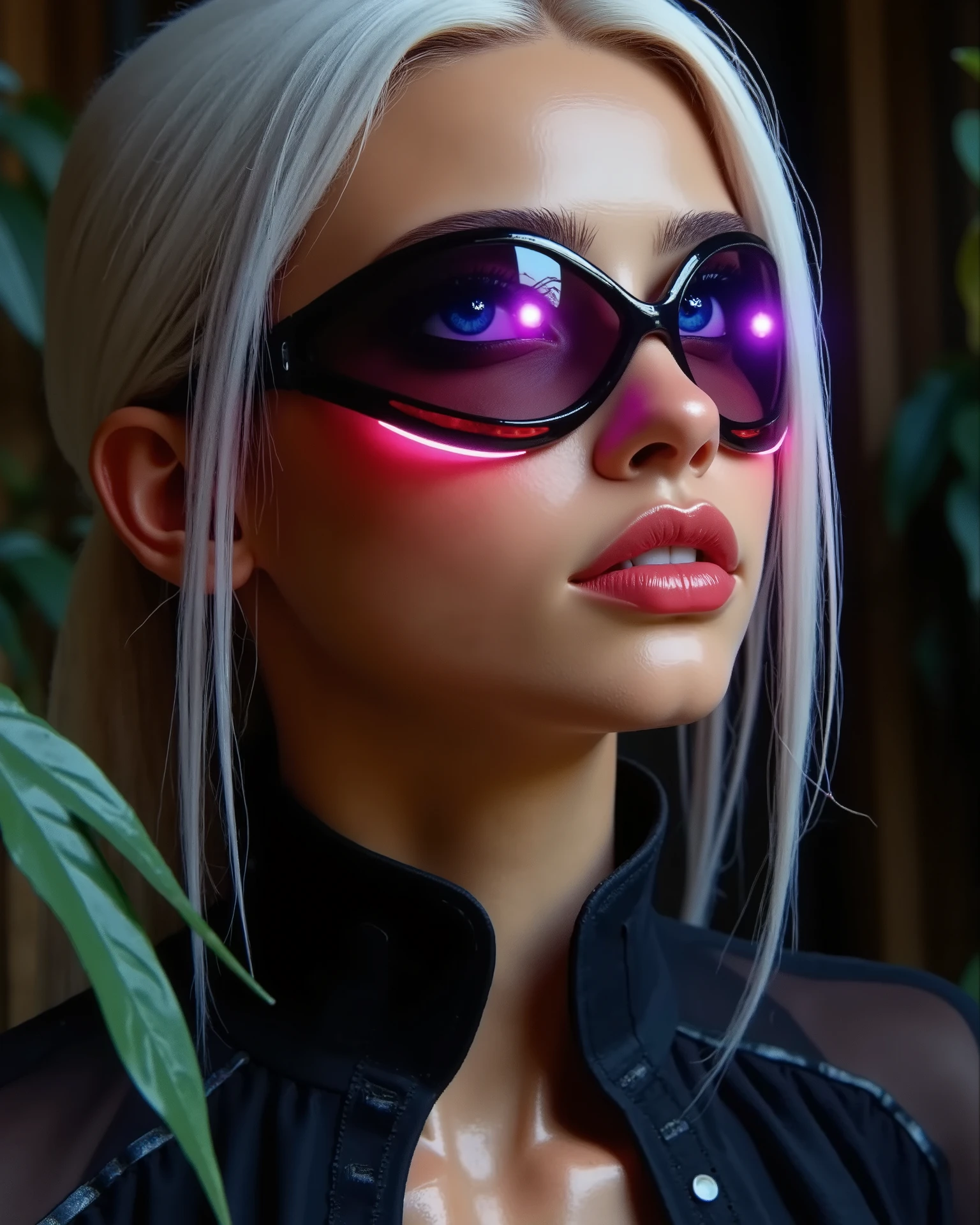 Create a hyper-realistic, cinematic portrait of a futuristic female character blending cyberpunk elegance with dark biotechnological horror. She has pale, flawless synthetic skin illuminated by glowing red and violet neon lights. Her eyes emit a faint violet glow, enhanced by sharp, futuristic digital makeup resembling holographic overlays. She wears angular, transparent red cyber-visors with data grids, partially covering her face.
The right side of her face is elegant and high-tech, with sleek platinum-white hair, a glossy black high-collar jacket, and intricate circuitry patterns etched into her synthetic skin.
However, the left side of her face is grotesquely transformed — organic, corrupted, with exposed dark biomechanical muscle tissue. Her mouth stretches unnaturally wide into a glowing bioluminescent neon grin with sharp alien teeth in hues of toxic pink and purple, pulsating with internal light. A bright green slit of energy runs diagonally through her left eye, suggesting a hostile internal AI or parasitic entity.
The background is a dramatic mix of neon-lit urban jungle and dark organic shadows, with rain-slick, chrome surfaces and bio-mechanical vines subtly framing her. A contrast of beauty and corruption, future and decay, elegance and horror