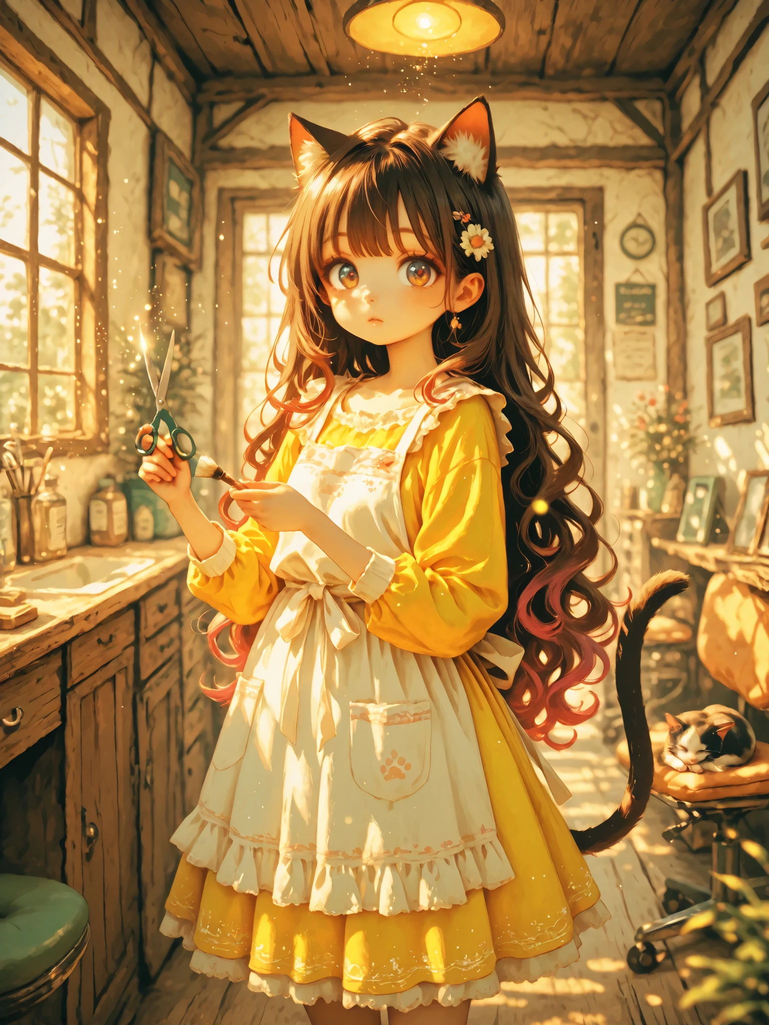 ((( watercolor style-style))),((( watercolor style))),((dutch corner))(masterpiece, best quality), newest, Tent , barber shop {{sign, wooden door frame, glass windows, bright trim, hair salon entrance, glass window, {{sign, sunbeam, barber chair, mirrors, vanity , character: girl, brown hair, extra long hair, cat ears, cat tail, brown eyes, combed strands, in an apron, Yellow sundress ,Wool, Holding scissors, holding brush, ((( big cat, Multicolored cat, long-haired cat)), ((hair splash effect, colorful hair, curly hair)), colorful eyes, ((multicolor dress)), ((dress with bright accents)), ((dress with bright glass trim)) Dreamy atmosphere,(( without outline )),((without borders)),Blurred,
