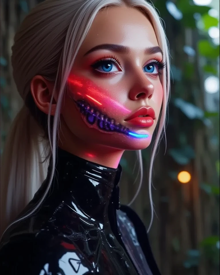 solo, masterpiece, hires,high resolution, best quality, (close-up, portrait, headshot) of bratz, <lora:bratz3-01:0.5>, large breasts, beautiful, silver techno bodysuit, long white hair, (Ghost mask ,Girl, skull mask), <lora:GhostMask-Style:1>, looking at viewer, photoshoot, on a city building rooftop, nighttime, neon city background