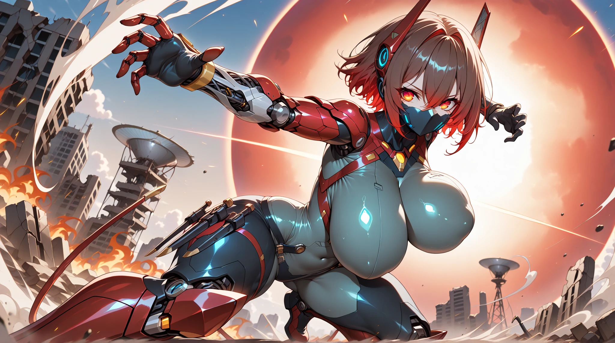 best quality,4k,8k, highres, masterpiece:1.2), extremely detailed eyes, extremely detailed body, (large masterpiece digital art), (detailed manga illustration), (detailed line art), ((perfect anatomy)), (intricate details:1.3), (ultra-detailed:1.3), (illustration:1.3), (sharp focus:1.3), (natural lighting:1.05), (vivid colors:1.3), (masterpiece), (best quality:1.4), (perfect anatomy:1.4), high quality, expressive eyes, full body, tall girl, detailed face, beautiful face, perfect face, breasts, gloves, large breasts, cyberpunk, (black armor), short hair, ((pale skin)), messy hair, detailed ((dark blue hair)), (honeydew hair), multicolored hair, two-toned hair, detailed eyes, (amber eyes), hourglass physique, mecha musume, fortified suit, mechanical parts, headgear, robot joints, bodysuit, deva battle suit, gloves, thick thighs, toned, emblem, superhero, dynamic lighting, 4k resolution, dynamic pose, weapon, energy weapon portrait, Jeff Bridges, ((cartoon style)), Marvel Cinematic Universe style, (((sci-fi city in the background))), soft bokeh of futuristic city, Atey Ghailan, Jeremy Mann, Greg Manchess, Antonio Moro, trend in ArtStation, trend in CGSociety, Intricate, High Detail, Sharp focus, dramatic and photorealistic painting art by Midjourney and Greg Rutkowski, bokeh in the background