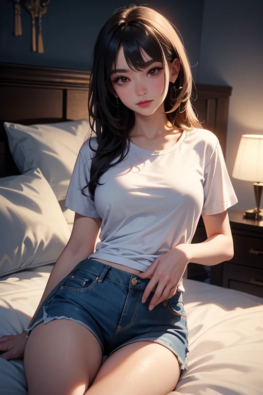 masterpiece of a beautiful young woman peeing self while sitting on brows puddle on the bed, a puddle lies on the sheets. she has long hair, wairiza (eyecontact:1.1) mud dolphin shorts, rthprsn