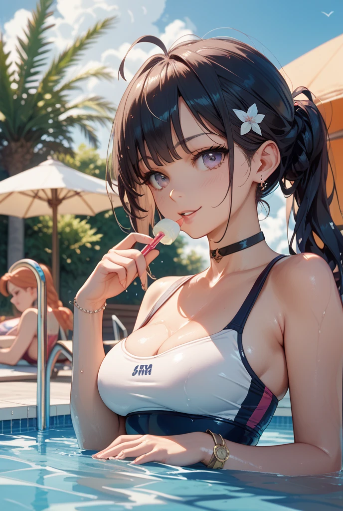 8K, ultra high resolution, A masterpiece of the highest quality, professional detailed wallpaper, Ultimate Highly Detailed Everything, (3 milf lady :1.3)、Micro bikini that glows with fluorescent neon、(brown skin:1.2),(white skin:1.1)、(cowboy shot:1.5), 
(dripping sweat、oil skin,sparkling skin、realistic skin texture、detailed beautiful skin、shiny skin)、summer night、tropical night、night pool、Starry sky full of stars、Tropical Pool、((uv black light、pink and light blue fluorescent neon))
、wet skin、not nsfw、milf playing in pool