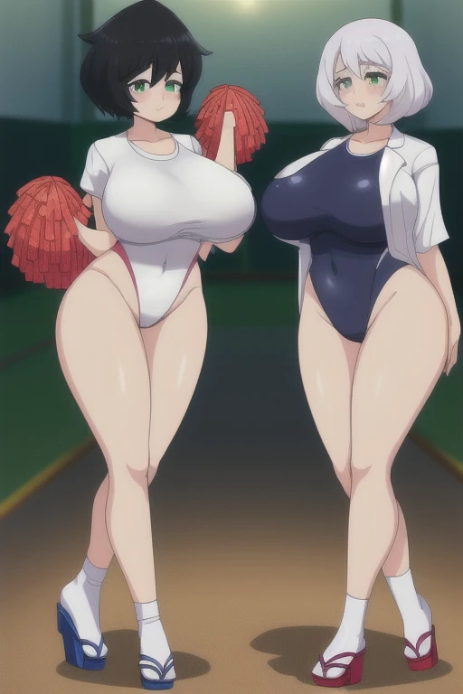 1 woman, Mature woman, running on track, jiggle physics, tight clothing, green hair, long hair, long gorgeous hair, running, sweating, steaming, blushing, morning time, morning, urban park, small white bra, short leggings(random color), white bra, short cut leggings(random color), white & pink shoes, high definition, 4k HD, plump body, wide hips, ginormous breasts, oppai ratio, blump butt, juicy breasts, flat stomach, juicy legs