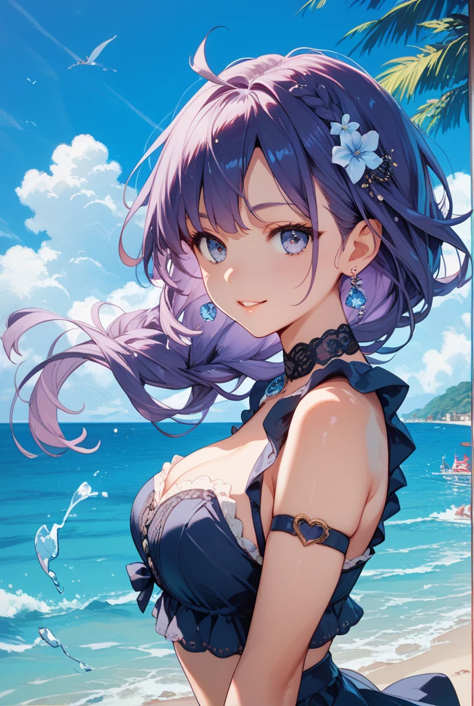 (masterpiece:1.2), (high_quality:1.2), (detailed:1.2), looking at viewer, 1girl, solo, violet_eyes, lightskyblue_hair, white_bikini, beach.