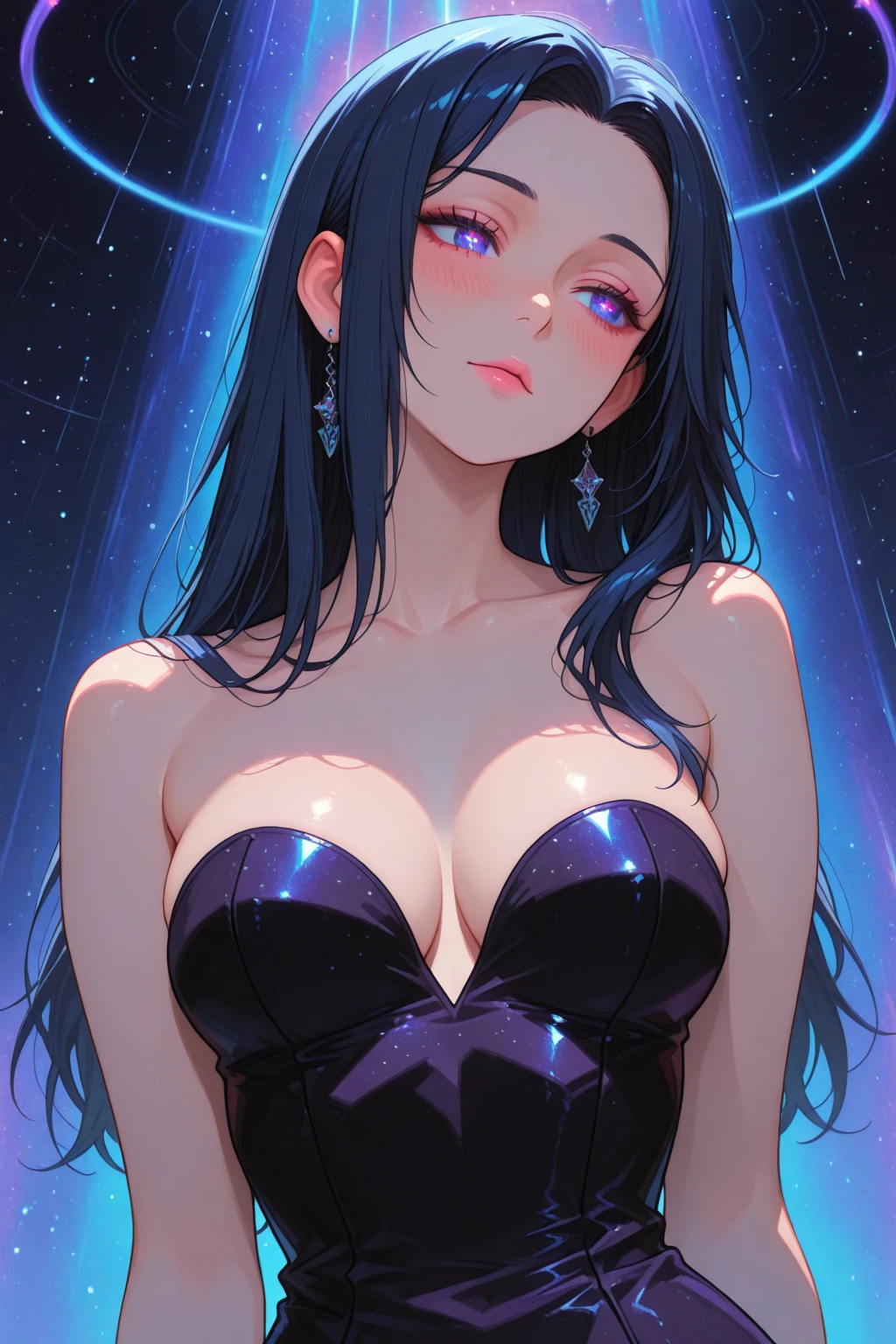 (lactation through clothes:1.1),nipples standing,(nipples peek:1.4)、8K, masterpiece, RAW Photos, Highest quality, Realistic, Very detailed, Written boundary depth, Cinematic Light, Anatomically correct body, 
One beautiful 40 year old woman, Very beautiful face, Exquisitely detailed face, (Calm and gentle face:1.4), Very delicate skin texture, Transparent muscles, Glowing White Skin, Glamorous Body, 
(Wavy black long hair:1.2), Sexy Breasts, Sexy ass, 
(topless:1.2), (Detailed cloth texture:1.2), (Gorgeous Necklace:1.1), (Gorgeous Earrings:1.1), 
(Dark starry background:1.4), (milky way:1.1), (milky way:1.1), (shooting star:1.1), (Dark coastline at night:1.4), (Pitch black sea:1.4), 
(Stand on the beach:1.2), 
(Low angle shot:1.3), 