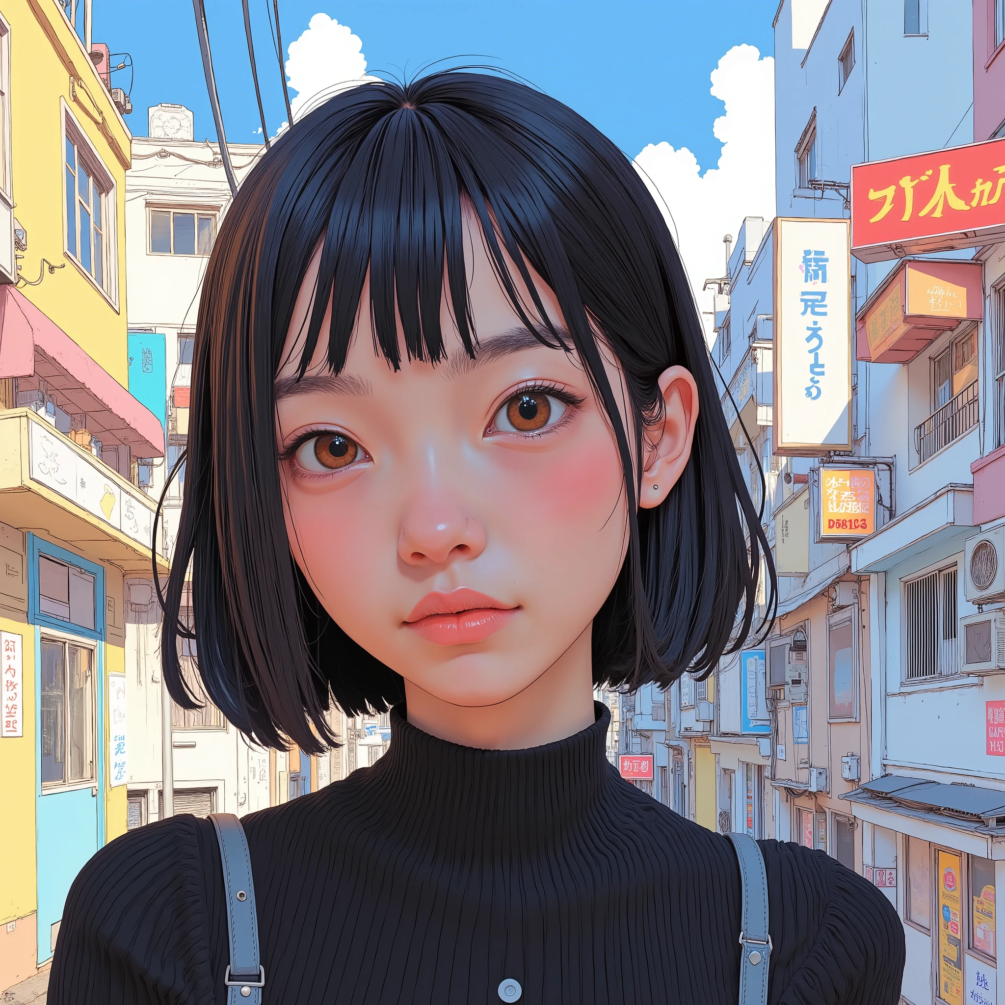 Close up of a woman wearing a black top and tight pants, Written by Kano Naizen, Yoshihiko Wada, looking at the camera with the city in the background landscape, ( looking at the camera with the city in the background ), by Chiho Aoshima, style of looking at the camera with the city in the background,  Kuvshinov Ilya, breathtaking looking at the camera with the city in the background, Hiro Yamagata