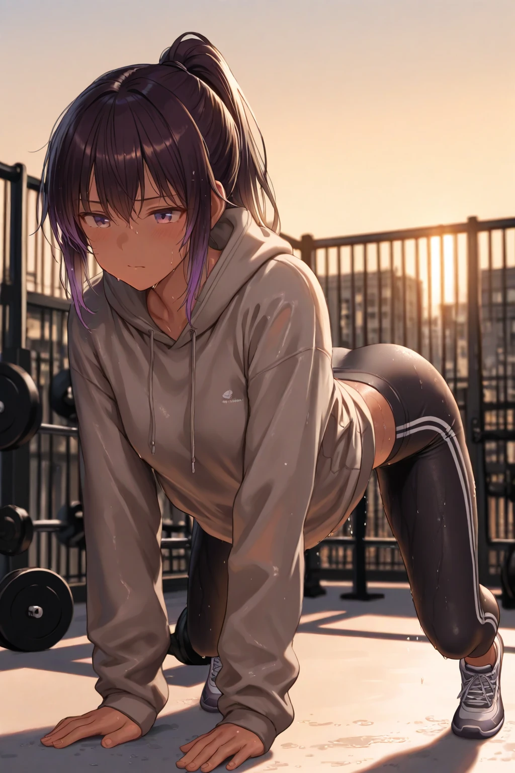 juri han beautiful young fitness com , in a gym wearing May with black pantyhose, tight white and purple gym jacket. standing alone,Beautiful Tits, low lighting,evil smile ,black leggings sitting on a chair,cross legs