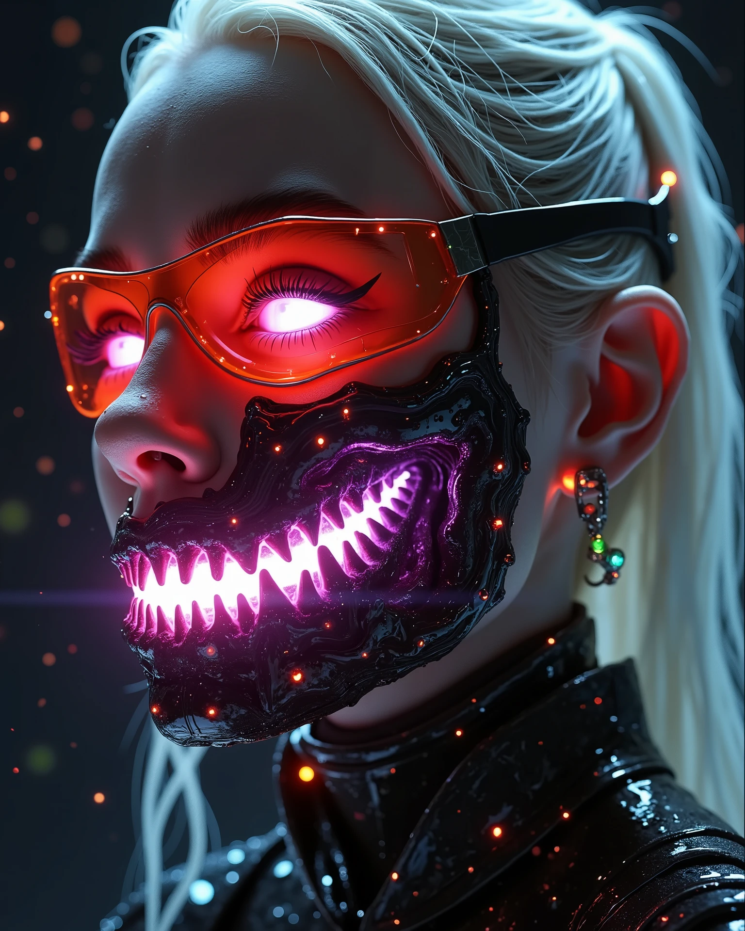 Create a hyper-realistic, cinematic portrait of a futuristic female character blending cyberpunk elegance with dark biotechnological horror. She has pale, flawless synthetic skin illuminated by glowing red and violet neon lights. Her eyes emit a faint violet glow, enhanced by sharp, futuristic digital makeup resembling holographic overlays. She wears angular, transparent red cyber-visors with data grids, partially covering her face.

The right side of her face is elegant and high-tech, with sleek platinum-white hair, a glossy black high-collar jacket, and intricate circuitry patterns etched into her synthetic skin.

However, the left side of her face is grotesquely transformed — organic, corrupted, with exposed dark biomechanical muscle tissue. Her mouth stretches unnaturally wide into a glowing bioluminescent neon grin with sharp alien teeth in hues of toxic pink and purple, pulsating with internal light. A bright green slit of energy runs diagonally through her left eye, suggesting a hostile internal AI or parasitic entity.

The background is a dramatic mix of neon-lit urban jungle and dark organic shadows, with rain-slick, chrome surfaces and bio-mechanical vines subtly framing her. A contrast of beauty and corruption, future and decay, elegance and horror
