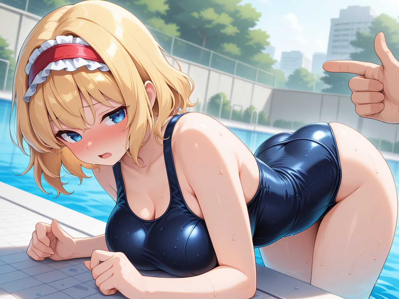 classroom,1 high school girl,blonde,ponytail,blue eyes,big breasts,blush,Sweat,shy,embarrassing,open your mouth wide,black leotard,Super High Leg Cut,barefoot,backwards,T-back,(There are boys around:1.4),