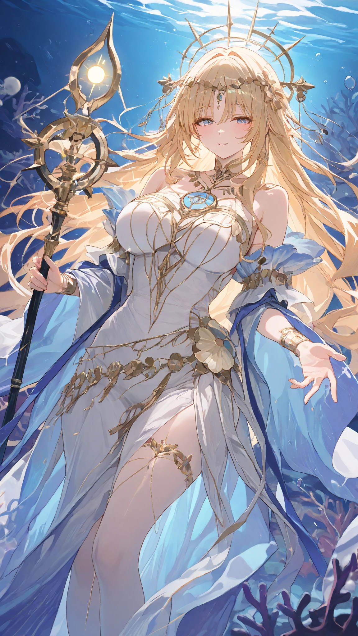 beautiful elven female bishop of the cathedral, cool beauty, piercing blue eyes, shoulder-length blonde hair, make-up, amorous and lewd face, great proportion, wearing splendid white, light blue and gold bishop's uniform and mitra crown, large staff embedded with purple jewel, (ultra detailed, absolutely resolution, best quality:1.3), 2.5D, delicate and dynamic, foggy effects, glitter effects