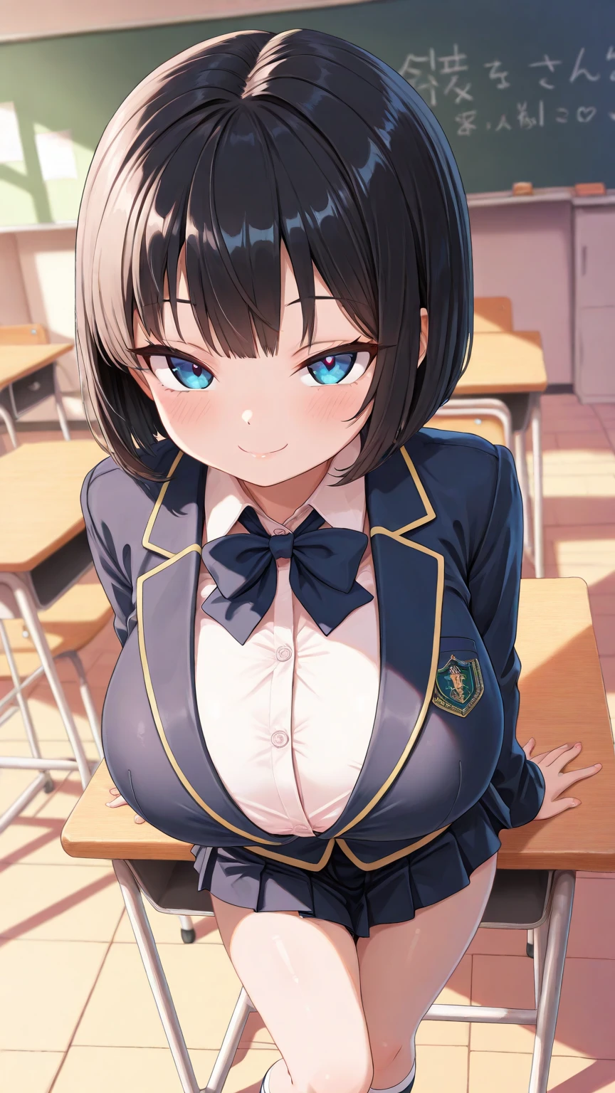 masterpiece, best quality,high resolution、realistic、Detailed、((extremely delicate and beautiful fabric):1.3)、 8k、large boob、 1girl, solo, skirt, jacket, shirt, blue eyes, white shirt, necktie, green necktie, black hair, pleated skirt, socks, diagonal-striped necktie, open jacket, open clothes, striped necktie, collared shirt, black jacket, black skirt, striped, blazer, short hair, long sleeves, bangs, , black socks, diagonal stripes, hairband, hair ribbon, ribbon, blue hairband, dress shirt, bow, cowboy shot,cleavage、classroom、embarrassed、nsfw
