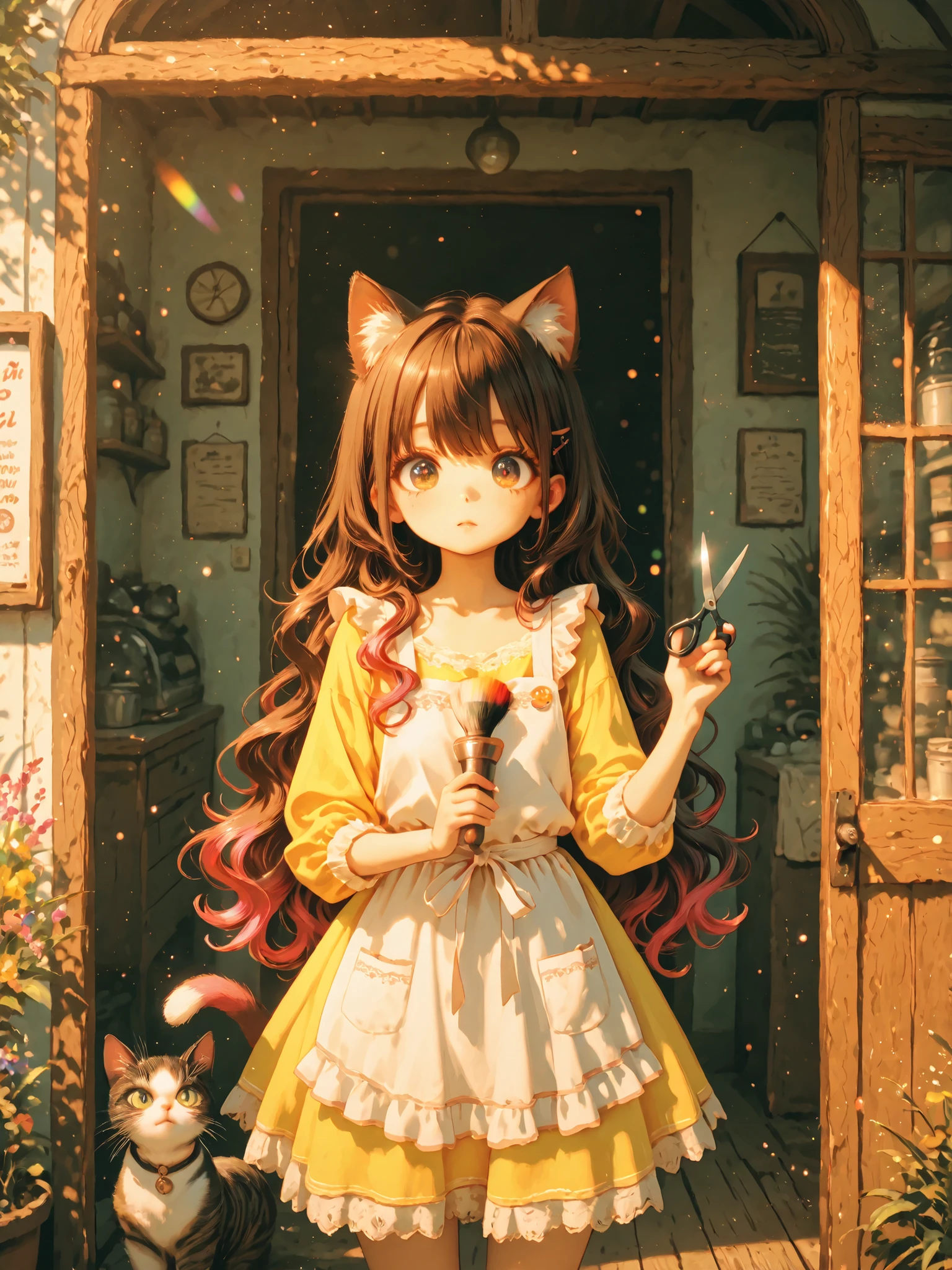 masterpiece, best quality, newest, Colored tent, outdoor, barber shop {{sign, wooden door frame, glass windows, bright trim, hair salon entrance, glass window, {{sign, sunbeam, character: girl, brown hair, very long hair, cat ears, cat tail, brown eyes, combed strands, in an apron, Yellow sundress ,Wool, Holding scissors, holding brush, ((( big cat, Multicolored cat, long-haired cat)), ((hair splash effect, colorful hair, curly hair)), colorful eyes, ((multicolor dress)), ((dress with bright accents)), ((dress with bright glass trim)), dynamic illustration, dramatic lighting, colorful effect splash,