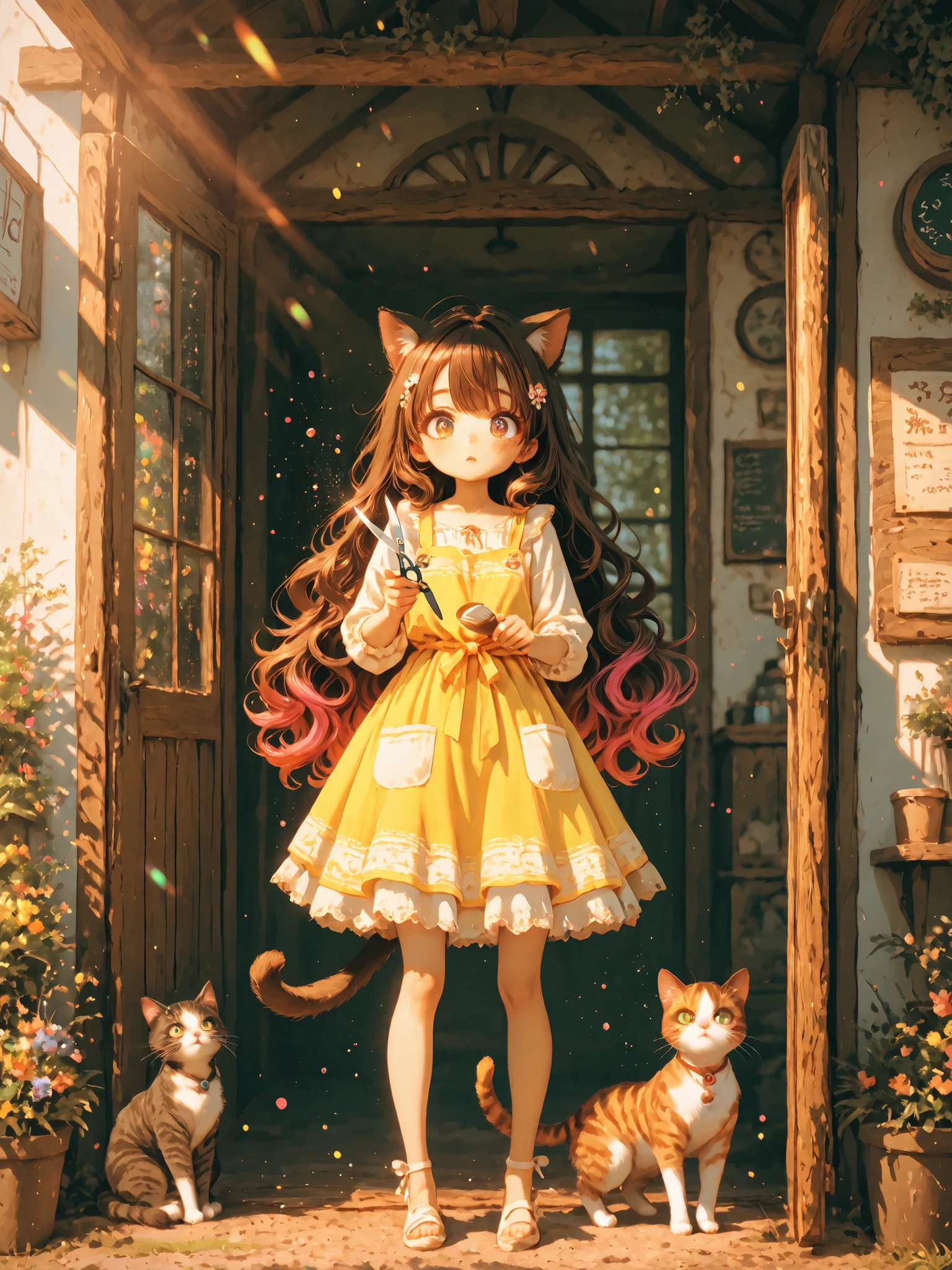 masterpiece, best quality, newest, Colored tent, outdoor, barber shop {{sign, wooden door frame, glass windows, bright trim, hair salon entrance, glass window, {{sign, sunbeam, character: girl, brown hair, extra long hair, cat ears, cat tail, brown eyes, combed strands, in an apron, Yellow sundress ,Wool, Holding scissors, holding brush, ((( big cat, Multicolored cat, long-haired cat)), ((hair splash effect, colorful hair, curly hair)), colorful eyes, ((multicolor dress)), ((dress with bright accents)), ((dress with bright glass trim)), dynamic illustration, dramatic lighting, colorful effect splash,