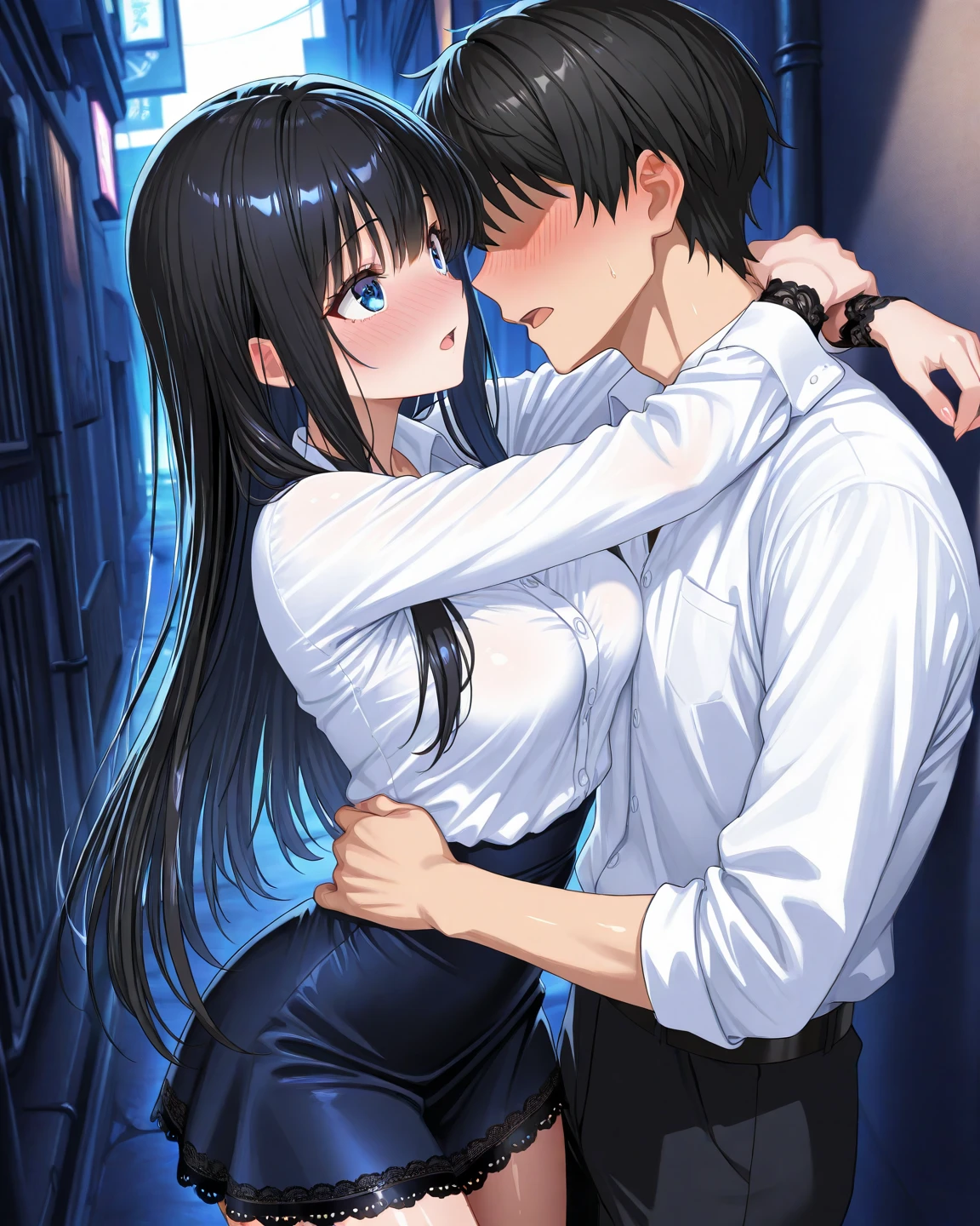 man and woman, couple, love, mature, a cat woman, she has freckles, she has dark brown eyes and an upturned nose, she is happy and smiling, she has long wavy hair, black hair, she is wearing aviator sunglasses with clear lenses in a soft watercolor style. The girl's clothes must be pink, purple, and blue in celebration of the bisexual, with stains of ink and watercolor mixing and filling the scene. he has blonde hair, he is handsome, he is slim. There should be a subtle, nuanced change in colors using the impasto technique with gouache paint. There should be a light rain in the watercolor painting with a little watercolor paper texture and a pastel background.