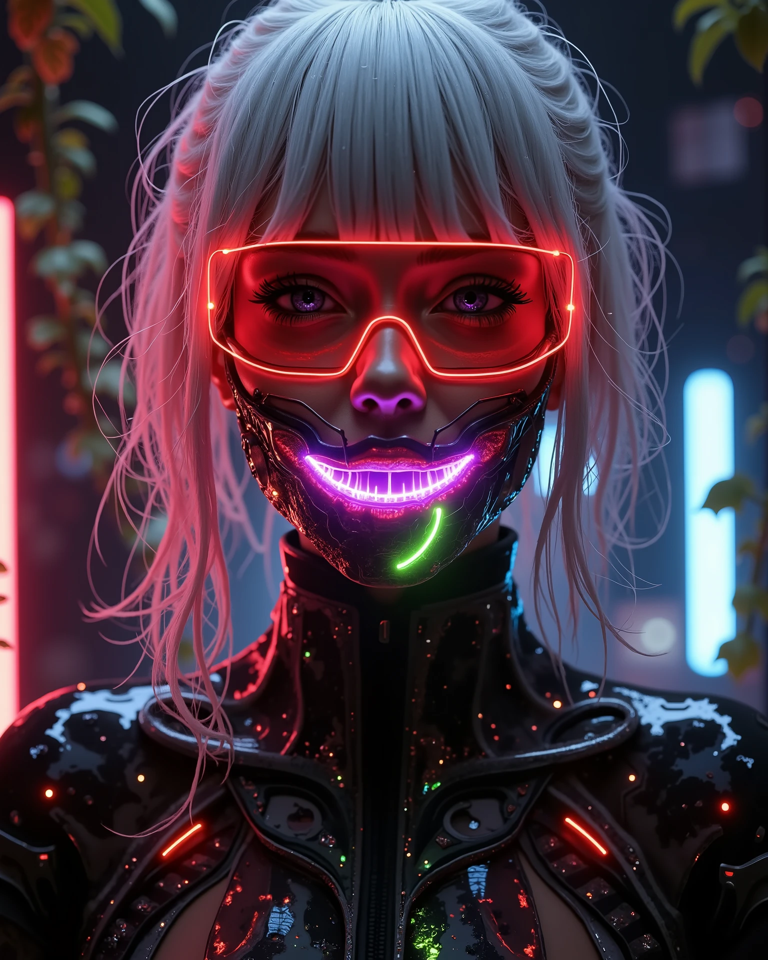 Create a hyper-realistic, cinematic portrait of a futuristic female character blending cyberpunk elegance with dark biotechnological horror. She has pale, flawless synthetic skin illuminated by glowing red and violet neon lights. Her eyes emit a faint violet glow, enhanced by sharp, futuristic digital makeup resembling holographic overlays. She wears angular, transparent red cyber-visors with data grids, partially covering her face.
The right side of her face is elegant and high-tech, with sleek platinum-white hair, a glossy black high-collar jacket, and intricate circuitry patterns etched into her synthetic skin.
However, the left side of her face is grotesquely transformed — organic, corrupted, with exposed dark biomechanical muscle tissue. Her mouth stretches unnaturally wide into a glowing bioluminescent neon grin with sharp alien teeth in hues of toxic pink and purple, pulsating with internal light. A bright green slit of energy runs diagonally through her left eye, suggesting a hostile internal AI or parasitic entity.
The background is a dramatic mix of neon-lit urban jungle and dark organic shadows, with rain-slick, chrome surfaces and bio-mechanical vines subtly framing her. A contrast of beauty and corruption, future and decay, elegance and horror