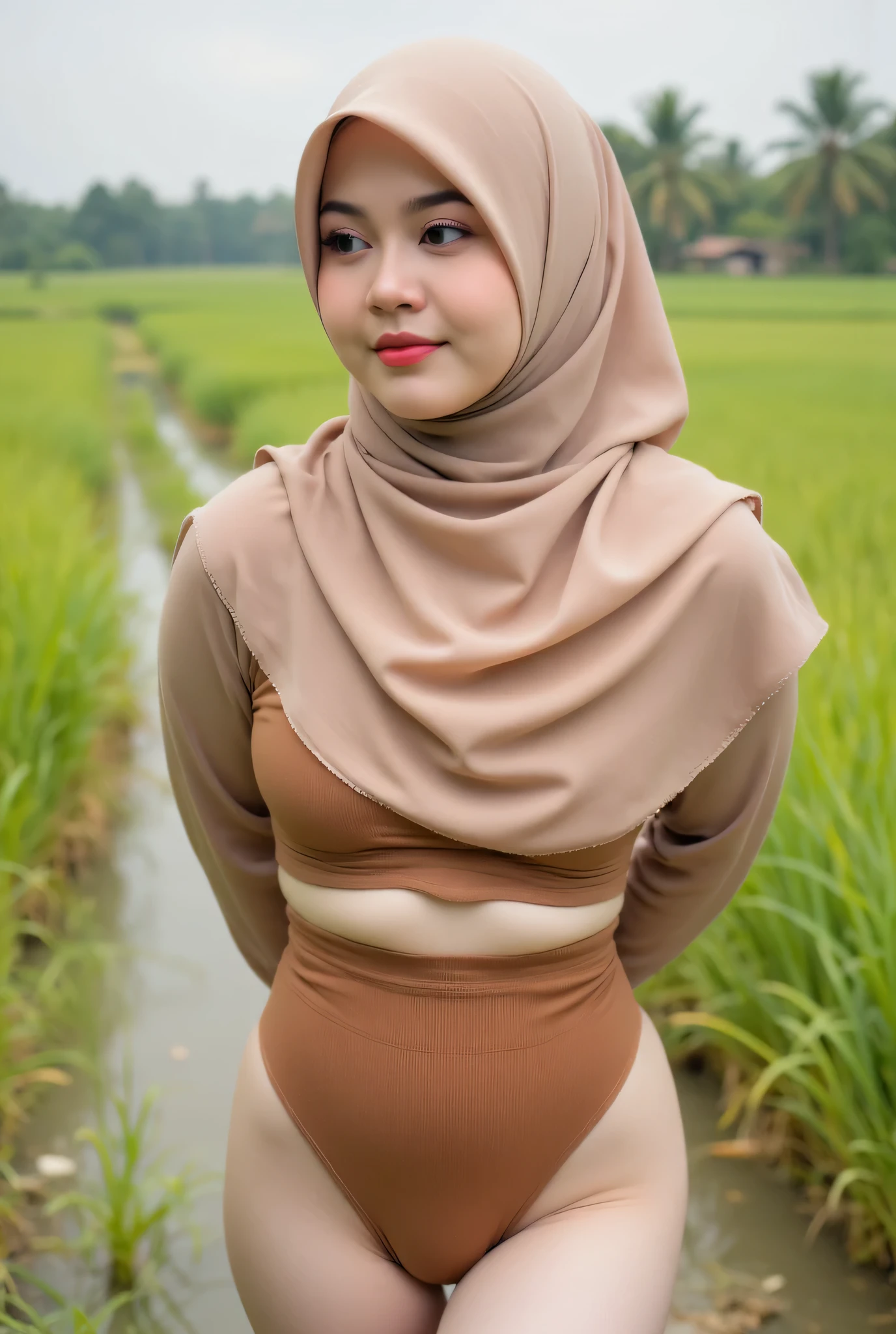 Small, (Shree Sexy brown plain Garter Belt) closed my center, Tetek besar melayut, hijab hijab hijab hijab, (photorealistic:1.6), background rice paddy. daytime atmosphere, don't put any rope! flat chest!, duduk di atas kerusi kaca, hands behind back spread the while legs astride, view from front, (Singlet plain)