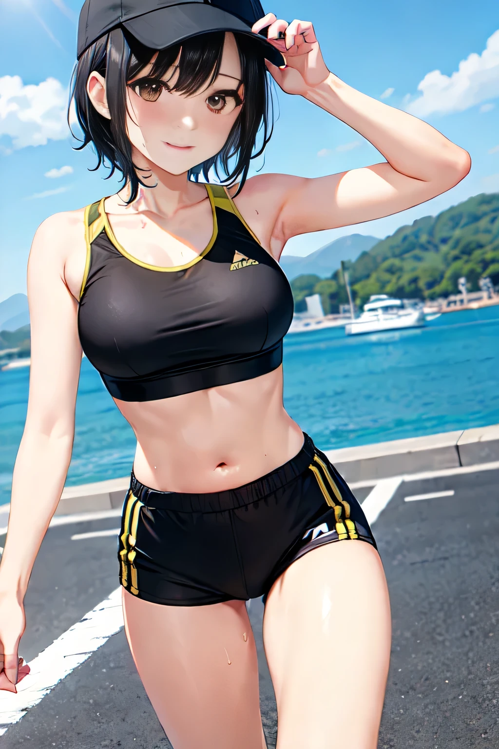 (best quality:1.1), (masterpiece:1.4), (absurdres:1.0), 1girl, (very short hair), ((tomboy hairstyle)),asymmetric hair, sporty hair, black hair, (medium chest), (tomboy), track and field girl, looking at viewer, outdoors, (blush:1.2), city, smile, hourglass figure, nice hips, wearing tight track and field uniform, midriff, nipple bulge in top, blue clothes, cameltoe,