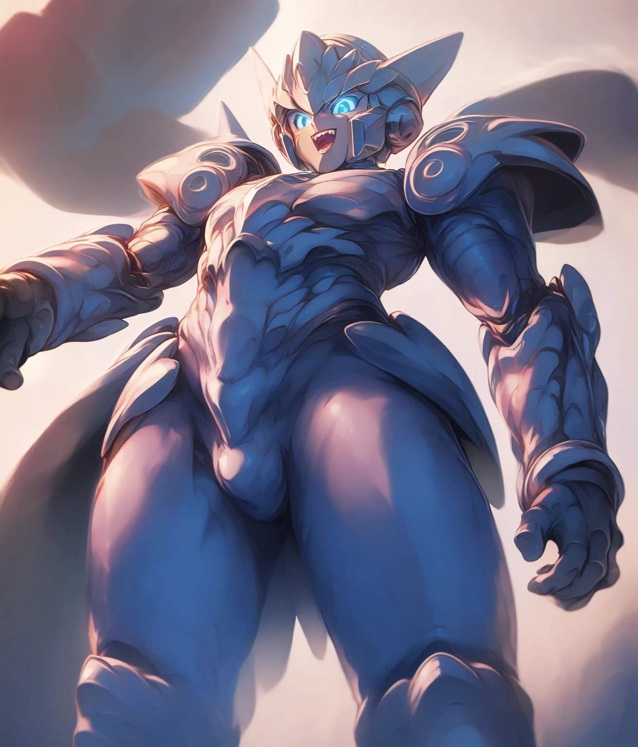 Huge muscles,Devilish wings,Devilish horns,Clear liquid dripping from penis,black costume,Huge erect penis,Ready your weapon,An angel cloaked in evil aura,The color of the face is Caucasian skin tone.,To be intoxicated by one's own strength