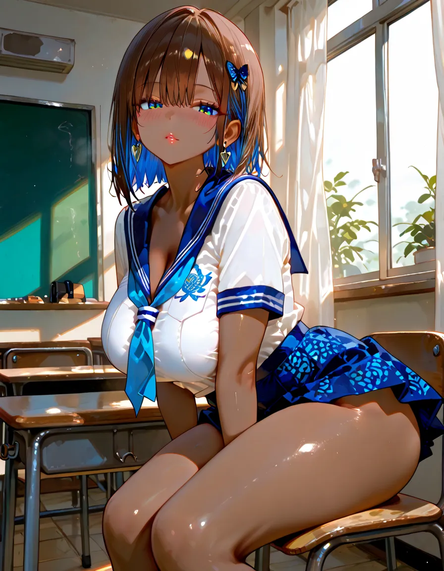 Browsing Caution, Big Breasts, 1 girl, alone, smile, Looking at the audience, masterpiece, 最high quality:1.4,high quality, ,(In 8K,,最high quality,Ultra-high resolution output images,),(Intricate details,),(Set the picture mode to Ultra HD),Detailed clothing features,Detailed hair features,Detailed facial features,blush, Hot face, In the classroom, Sit on a chair, , Sailor suit, bra lift, Nipples, spread legs, spread pussy, ,nsfw,(ecstasy:1.3) ,(slut:1.2),(vulgarity:1.3),(fucked silly:1.1),(steam:1.1),(wet:0.8),(trembling:0.8),(tears:0.7) ,(drooling:0.6),(sweat:0.8),