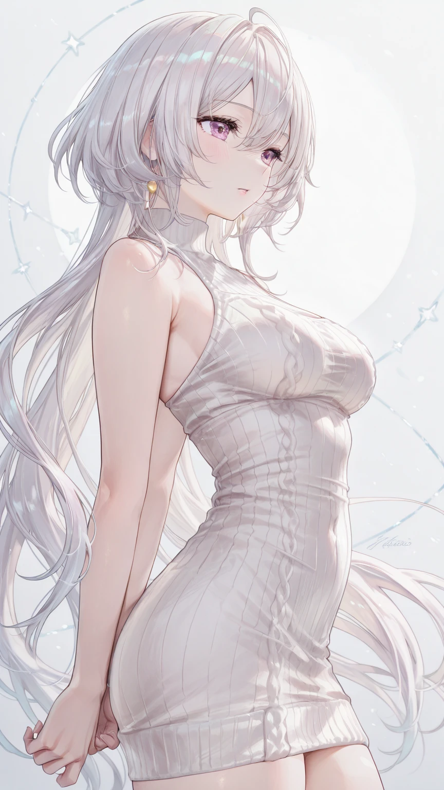 White tones,white colors,Sexy Girl ,from the rear,tiny body,Petite,whaite hair,White hair,White bed,transparent silk pajamas ,thick long hair,Empty space,Pure white space