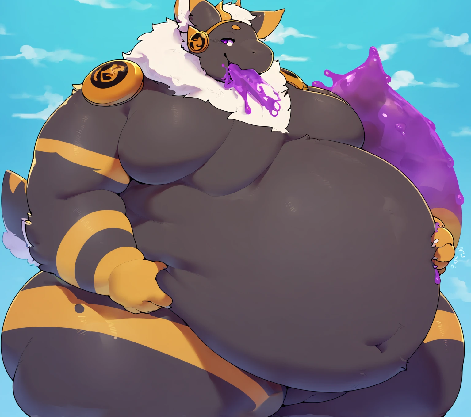 Profile picture of a ((Solo)), 1 boy, male, very largest, ((bara)), buff, extremely thickened overweight body, ((((1500 pounds)))):2, ((((((massive fluffy belly)))))):1.5, (((((massive thighs, massive curves, massive pecs, big biceps, massively buttocks))))):2.5, ((((grey)))), ((hunky)) (((skullbeast head))):2, wearing ((briefs)), ((bulge, bulging, very detailed crotch bulge)), holding belly, looking at viewer, smug, simple background, by zackary911, posted on e621, posted on FurAffinity