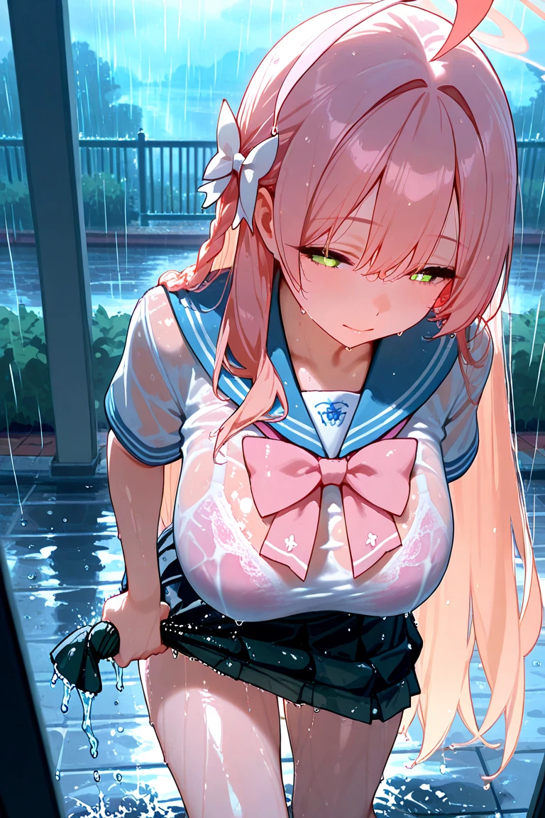 Best Quality,Beautiful Eyes,Very cute face,Beautiful Anime Girl,(Solo Girl),(gigantic breasts:1.5),(large breasts:1.2),(huge breasts:1.2),(big breasts:1.2),(mega breasts:1.2),(Pink hair),(low twintails:1.4),(Light blue eyes),Very happy smile,BREAK,(Wet and sheer sailor suit,Pleated skirt,Wet Hair,Wet body,Covered breasts:1.4),Rain Background,A girl taking shelter from the rain at a bus stop,Cowboy Shot