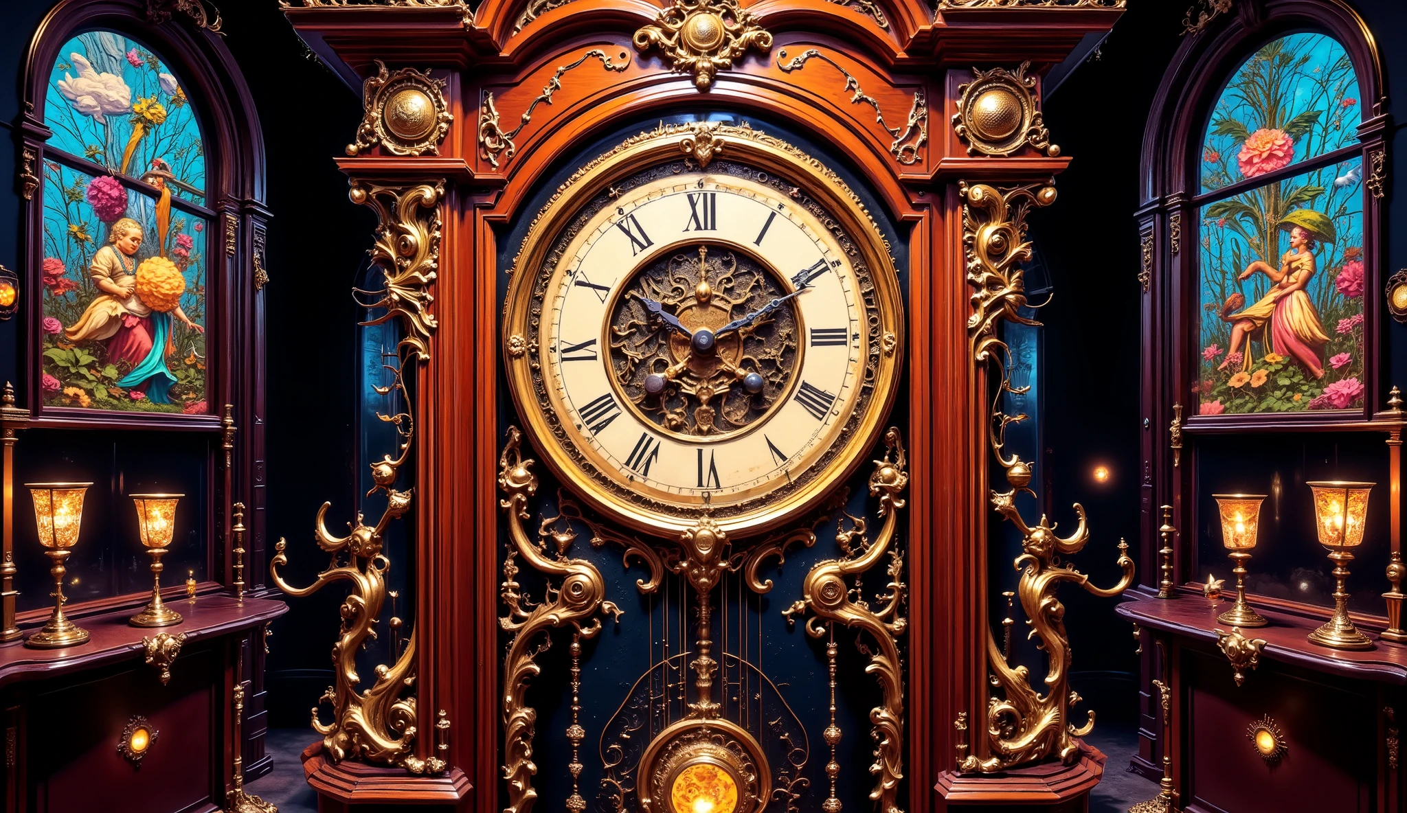 Surreal and multicolored image, with light effects, time travel, background with gears in lights, Huge chime made of mahogany wood fully carved with gear details, (((the clock has the hands at 10 HOURS AND ELEVEN MINUTES))), the clock is in a very rich and sophisticated environment, a Victorian room in black and burgundy colors, there is a stained glass window on the left side of the image, the clock has a large pendulum, all the glasses are decorated in the Belle Epoque trend