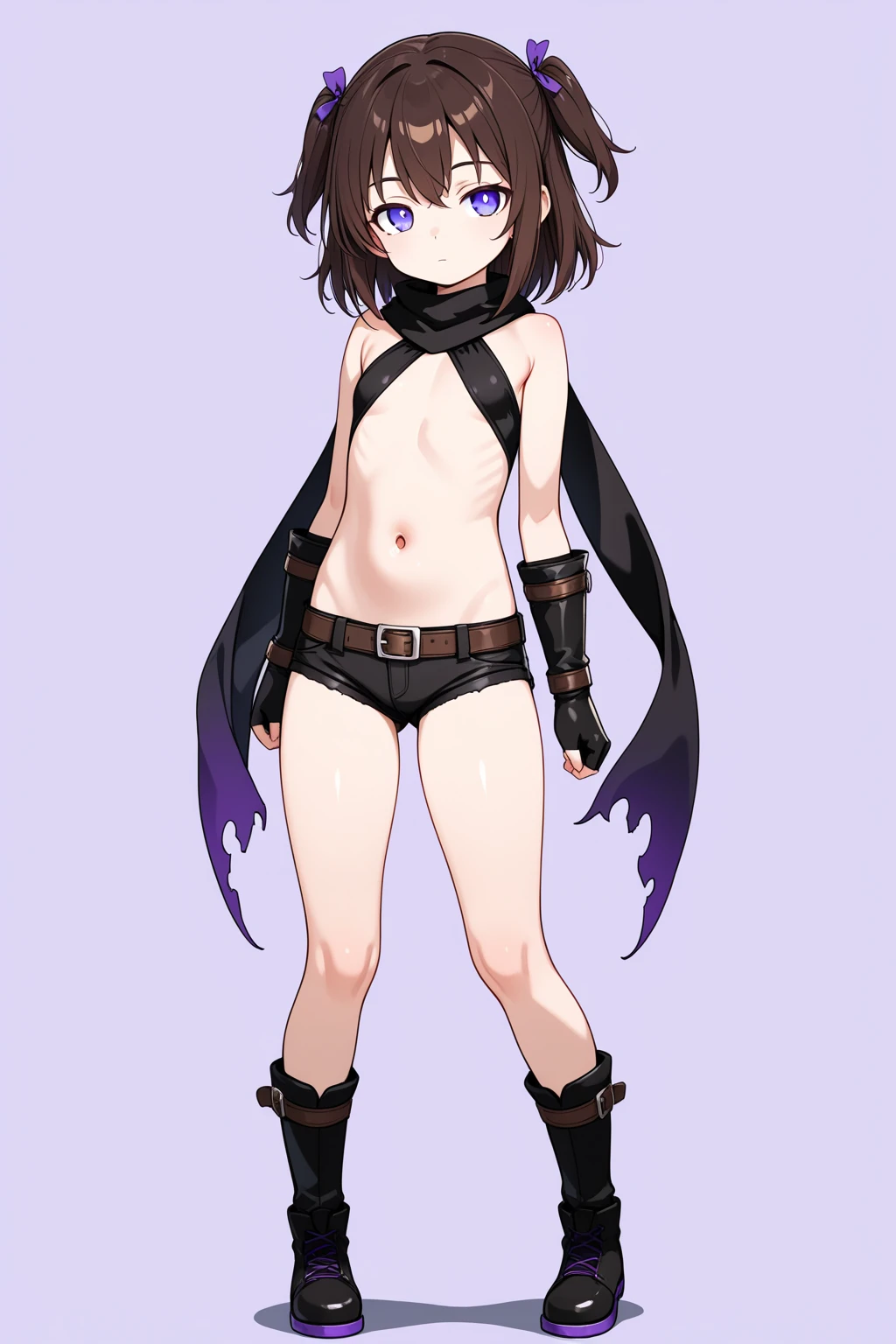 1 girl, alone, ppka, black fur, short hair, messy fur, Ahoge, parts, parts por todo el cuerpo, grey eyes, empty eyes, blind, nervous, slight smile, cute look, Swimsuit, black monk, open chest, thong with harness to the shirt, black thong, monokini with shoulder pads, latex shoulder pads, tight shoulder pads, shoulder pads connected at the back,
exposed thighs, exposed hips, exposed warning, exposed part of the chest, exposed back, exposed butt,
human skin, soft skin, pale skin,