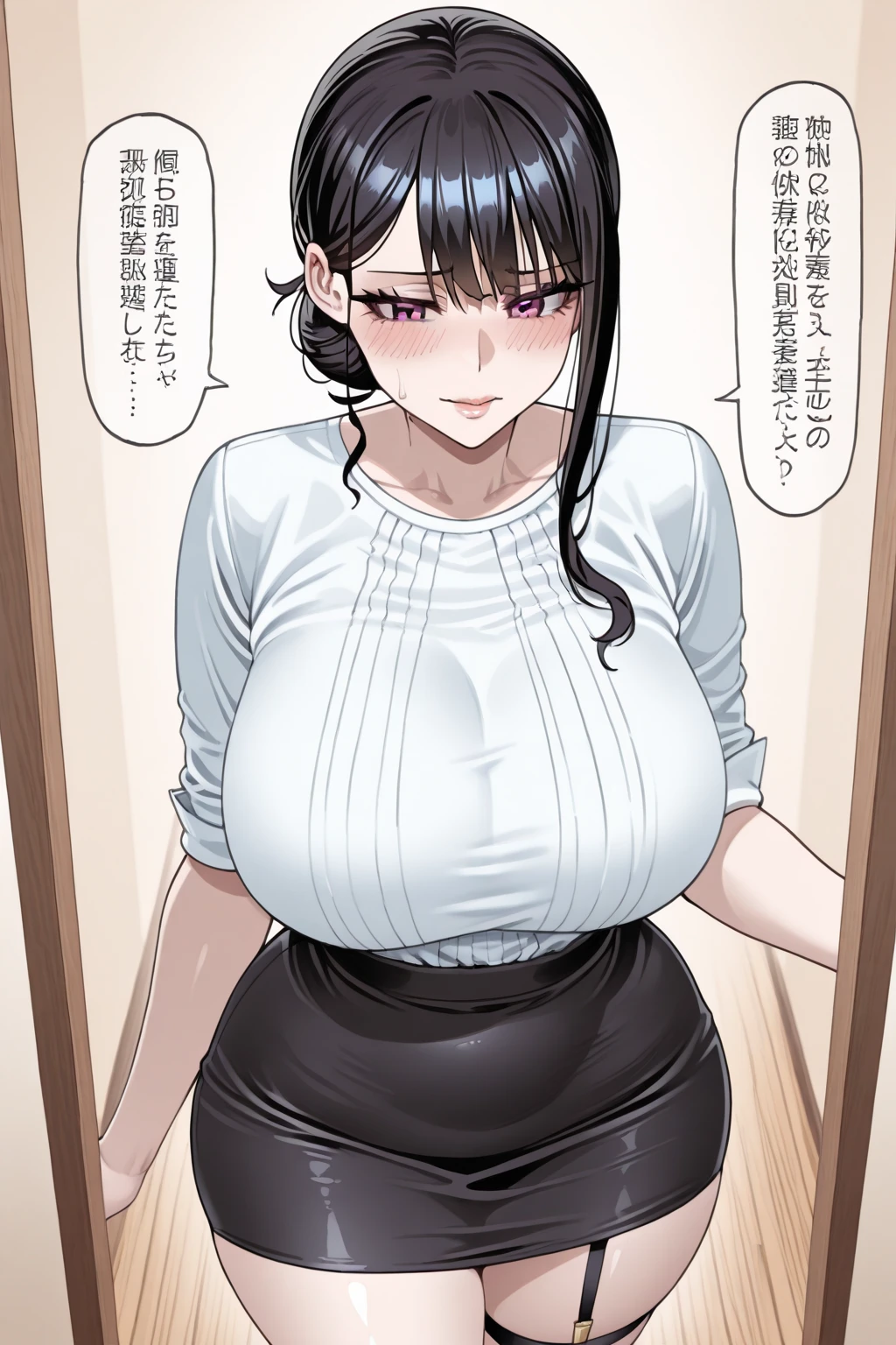 mature woman,modest mature housewife,round glasses,black hair,at rich home,mature curvy body,straight hair,easy-going face,transparent shirt,white button,sweaty,gray skirt,pov groping,breast grab,at entrance,humid,flying heart-shapes,trembling,vulgarity,opened shirt,ahegao