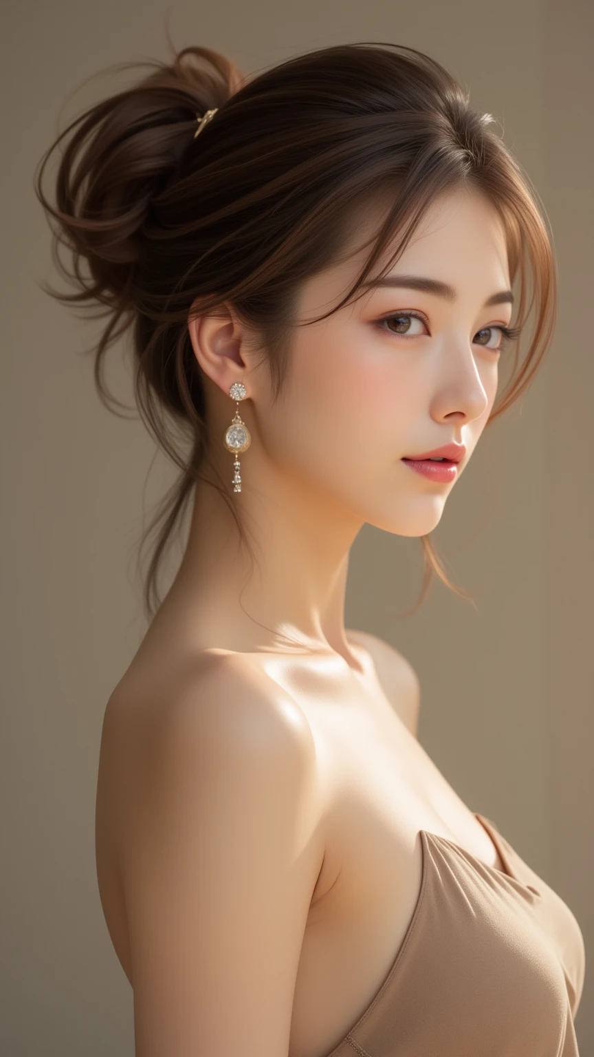 1girl,solo,black hair,lips,jewelry,white_marble_glowing_skin,gently hold your glasses,black dress falling off her shoulder,portrait,look at the viewer,looking back,Back Angle,realistic,<lora:è¸æ±½_æè¥äººç:0.8>,