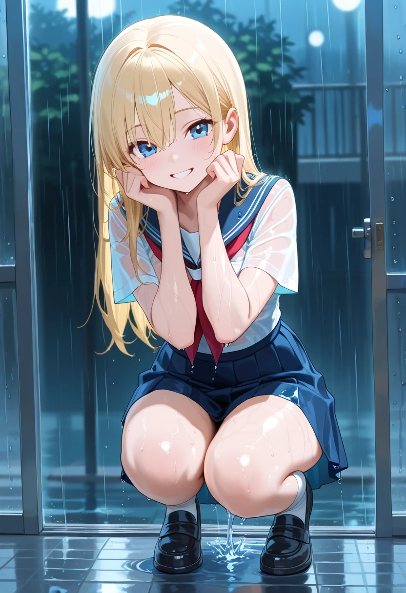 Huge 、　Summer rural bus stop、sit on a bench、　Sheltering from the Rain、　Sailor suit、　Shyness、　Glare、　Cover your chest with your hands、Wet、heavy rain、ずぶWet、Rainy Sky