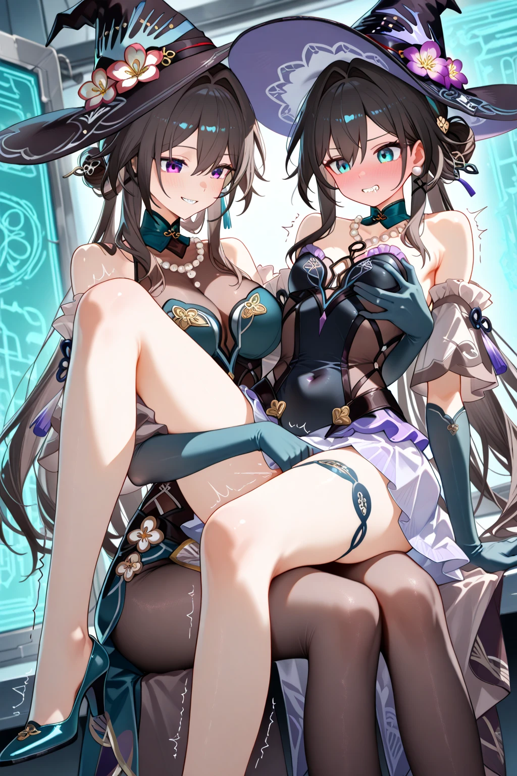 Anime image of two women wearing masks in jumpsuits and stockings, Kantai collection style, small curvaceous loli, from girls frontline, anime maid ss military, girls frontline style, Edgeie anime style, eechi, Edgee style, at pixiv, Best Rated on pixiv, loli in dress, Fine details. Girl Front