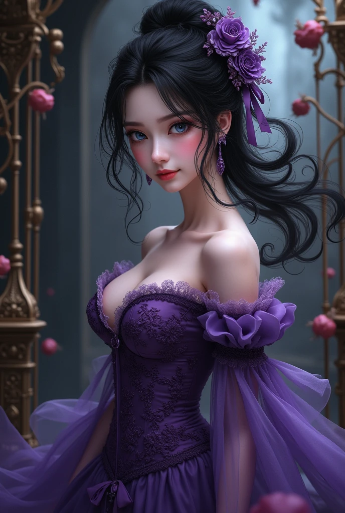 (ultra realistic,32k, masterpiece:1.2),(high detailed skin:1.1),( high quality:1.1),
1gil, black ponytail hair,, <lora:ballet_dance:0.4>wearing ballet dress, Middle purple wearing tutu,,(looking at viewer, standing,:1.1),, huge breast,large breast,<lora:add_detail:0.87>,
(moody lighting:1.1), blank background,