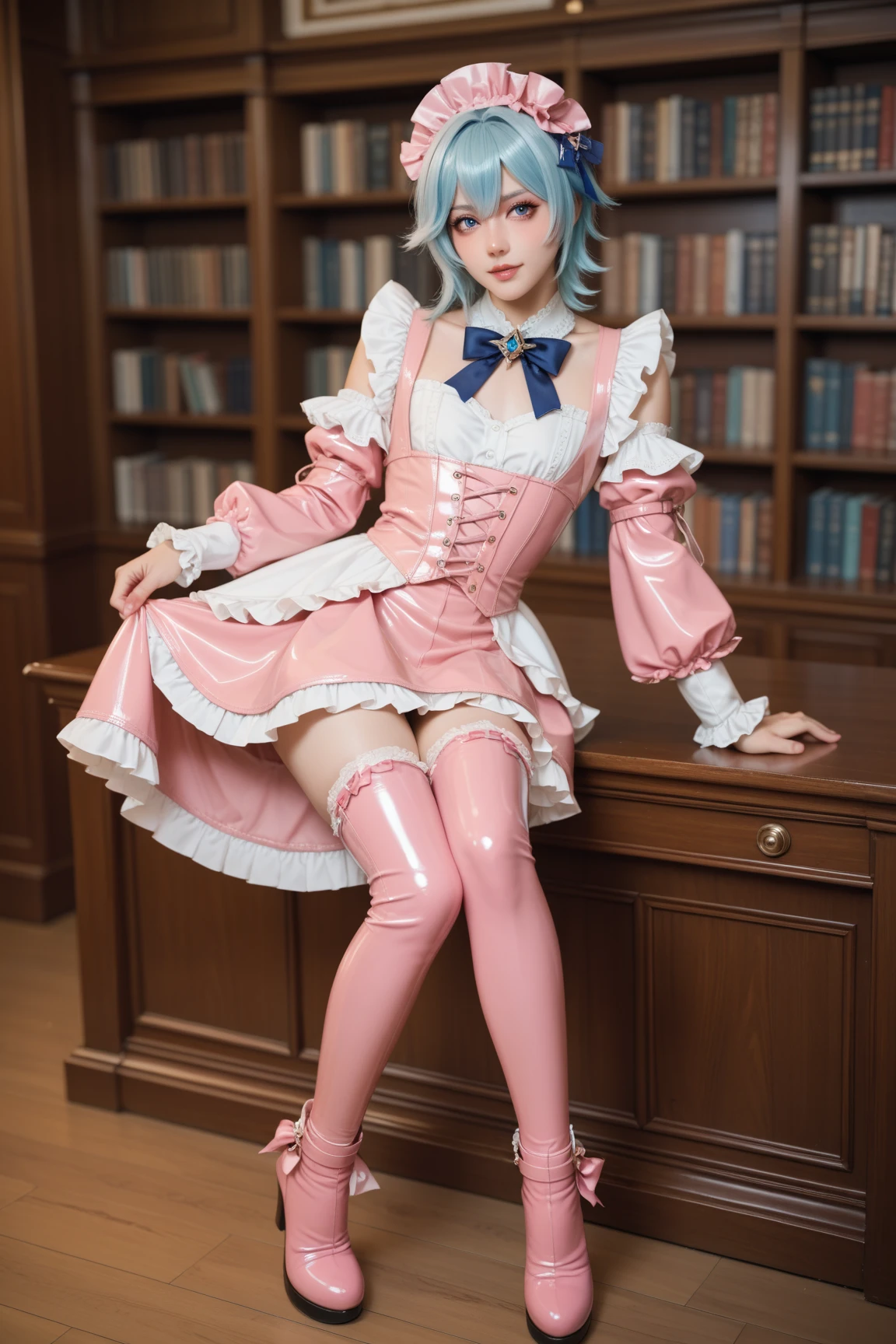 Alabi sitting on sofa, anime Barbie doll with pink hair and white dress, black stockings, elegant and charming cosplay, anime girl cosplay, gorgeous cosplay, cute lazy princess, beauty Delfin, royal elegant pose, cosplay photo, anime goddess, thighs and skirt, sexy maid in the enchanted forest, cute anime waifu wearing beautiful skirt