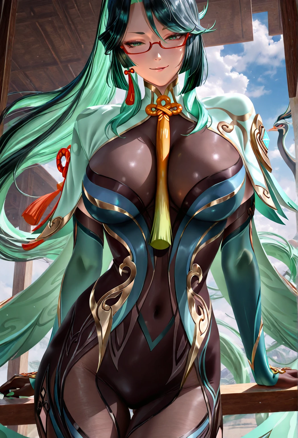 top-quality、tmasterpiece、Very high resolution、super high image quality、High-quality pixels)、perfect eyes, perfect face, solo，8K, large breast，(Detailed description of hair), (Detailed description of face),(Detailed description of body), fair and clear skin, matchless beauty, long legged, (30 years old)，facing the audience, professional photographic lighting, dark green hair，only one oni horn，strong body，black and red cheongsam，ssmile, (yellow eye: 1.2)