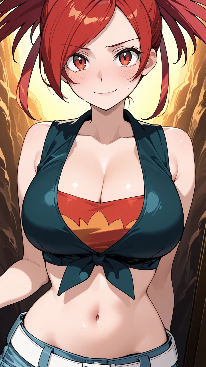 ((1girl)), perfect face, young woman, beautiful face, perfect face, masterpiece, flannery, ((flanneryoras)), red hair, red eyes, ((red tube top:1.3)), ((underboob)), (((small thin Bandeau))), ((red bandeau)), ((huge breasts:1.3)), ((loose top)), ((strapless top)), indentation, bursting breasts, cowboy shot, outdoors, smile :D, facing viewer, ((strapless, bare shoulders)), denim shorts,voluptuous, thick ass