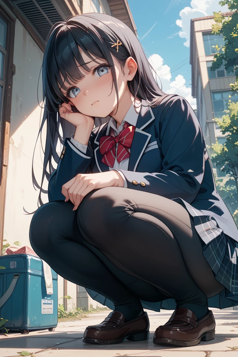 Top quality, masterpiece, High resolution, (Head to toe full body), front, frontやや下からの構図, Symmetric, Tall 18 year old girl, alone, (Head to toe), (Small breasts), Unkempt brown hair, bangs, (black tights), (Black Pantyhose), (Sit with your legs apart), (Crouching pose), (A composition showing white panties), (Her legs were spread、I see your white pants.), (I was made to sit on the floor with my legs spread..), (M-shaped legs), Thin legs, A very beautiful and tall 18 year old girl, (No shoes), blush, Shy big eyes, looking at the camera, Blazer Uniform, Checkered Pleated Skirt、Yuzaki Riko