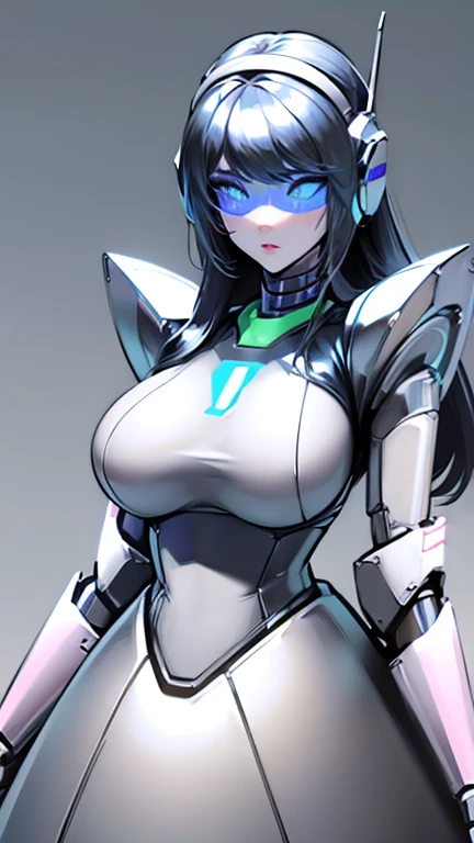 empty eyes,robotization,woman ,big bust,Robot Joint ,Metal skin,Black Suit,long hair,a suit that covers the whole body