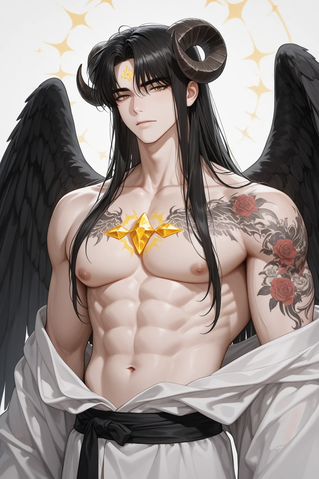 ((Masterpiece, Highest quality)), Male, boy, Detailed face, character design sheet, full bodyesbian, Full of details, frontal body view, back body view, Highly detailed, Depth, Many parts, angel wings, black hair, angel outfit, Muscle boy with black long hair bangs,handsome man, male angel , man tall,