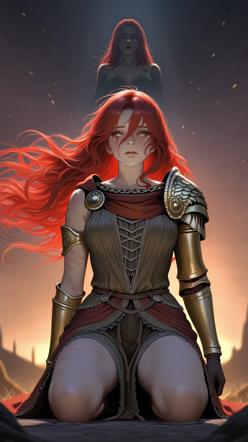 1girl, hair red long, green eyes, red lips, big breasts, wearing silver knight armor with golden insignia, knight gloves, dark hill with a dead tree, flying ravens, green sword, blood red moon, high res, ultrasharp, 8K, masterpiece, looking at viewer