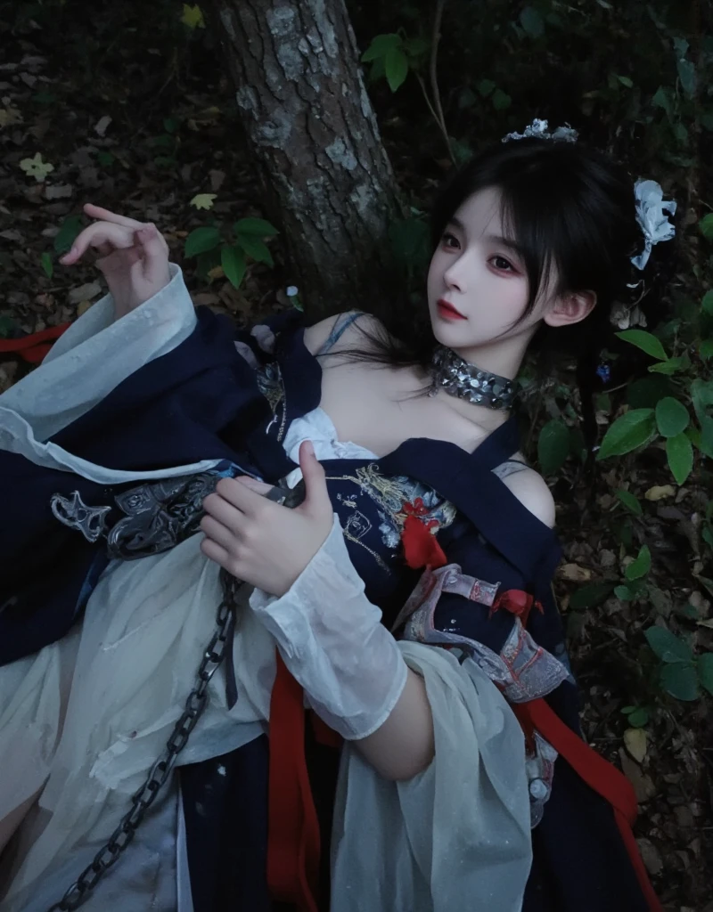 best quality, (photorealistic:1.2), 1girl, solo, shiny skin, detailed face, face focus, standing, black hair,(hair ornament:1.35), twintails, japanese clothing, ribbon sleeves, split sleeves, ribbon trim, wide sleeves, (Looking at the audience: 1.5) long hair, black eyes, bangs, underwear, lips,