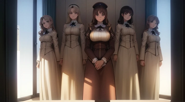 ((Highest quality, 8K, masterpiece:1.3)),Three Women、3girls、 sharp:1.2, Beautiful woman with perfect figure:1.4, Slim Abs:1.2, ((Huge boobs:1.5,sagging breast:1.5))，Highly detailed face and skin texture，Detailed eyes，double eyelid、Blonde、Bobcut、Bob Hair、Pale blue eyes、Brown Hair、ponytail、Black Hair、Hair with a loose perm
