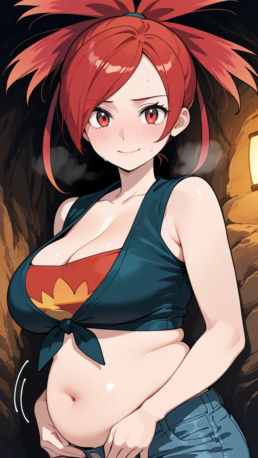 ((1girl)), perfect face, young woman, beautiful face, perfect face, masterpiece, flannery, ((flanneryoras)), red hair, red eyes, ((red tube top:1.3)), ((underboob)), (((small thin Bandeau))), ((red bandeau)), ((huge breasts:1.3)), ((loose top)), ((strapless top)), indentation, bursting breasts, cowboy shot, outdoors, smile :D, facing viewer, ((strapless, bare shoulders)), denim shorts,voluptuous, thick ass
